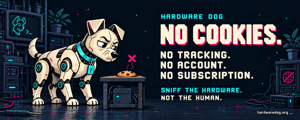 Bannière Hardware Dog : le chien robot boude un biscuit posé sur un établi. NO COOKIES. No tracking. No account. No subscription. Sniff the hardware. Not the human.