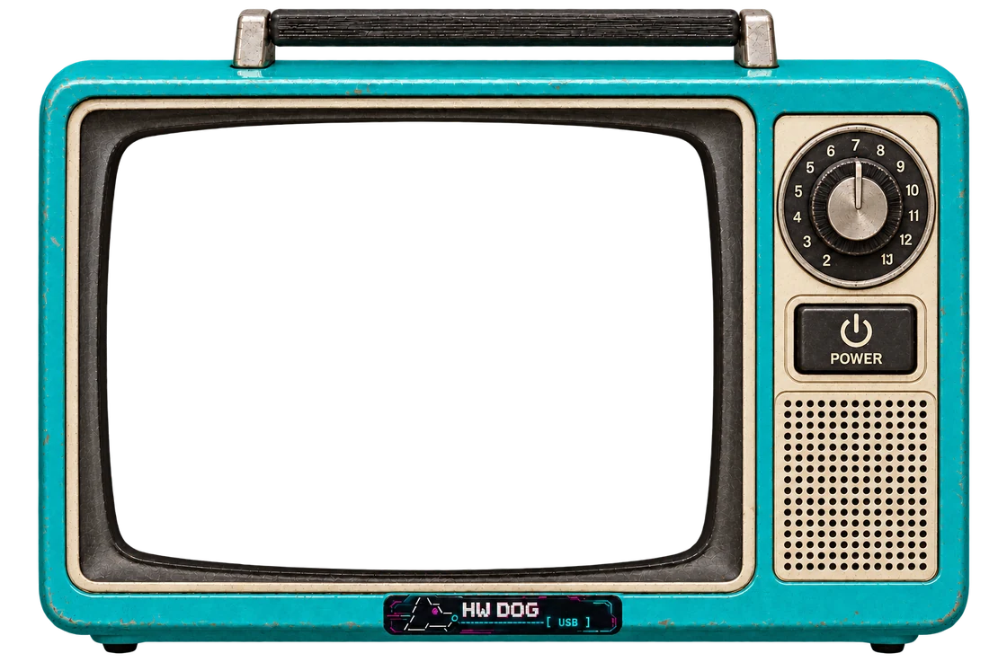La TV turquoise de Hardware Dog : le chien robot en pixel art, à l’écran, dans l’état choisi.